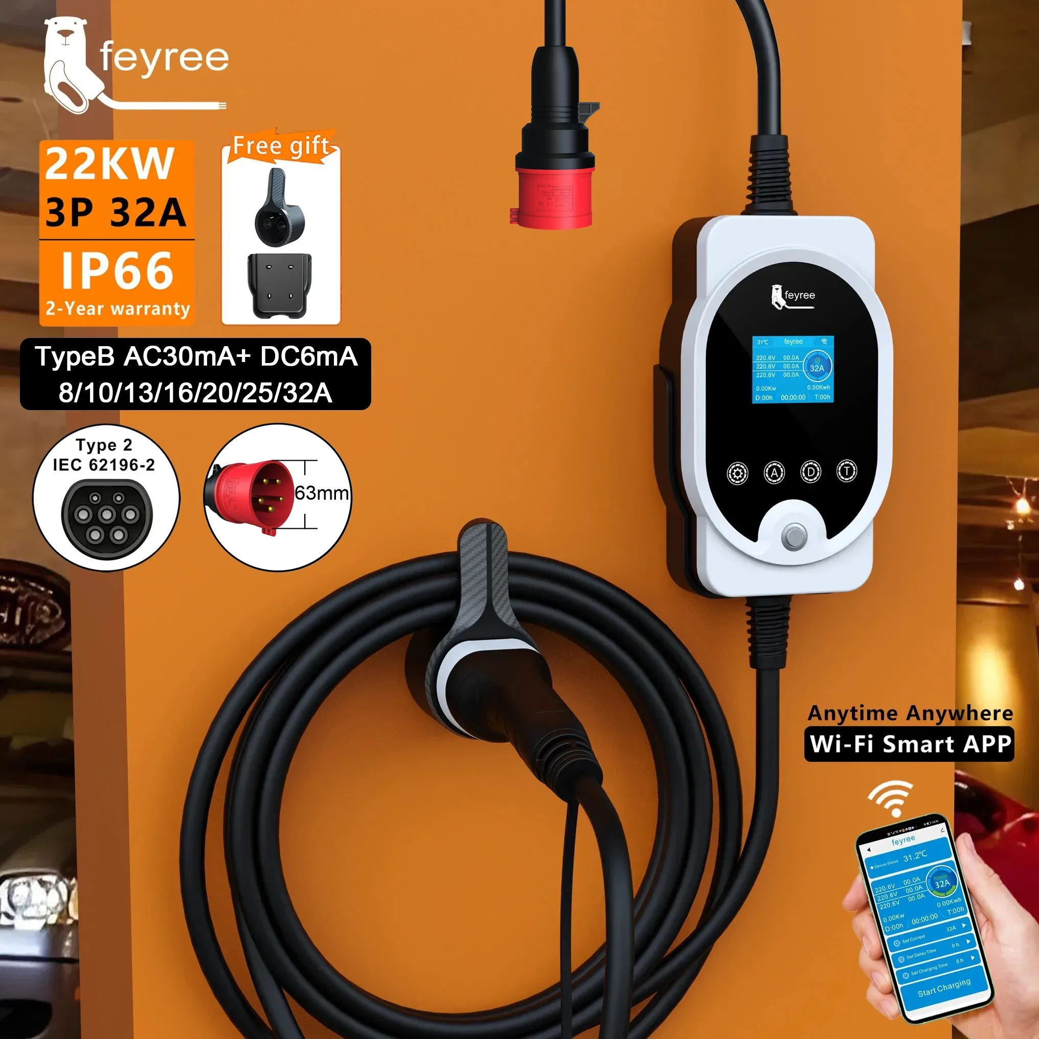 Ev Charging Cable Type 2 32A - Feyree 22KW Type2 Cable EVSE Wallbox