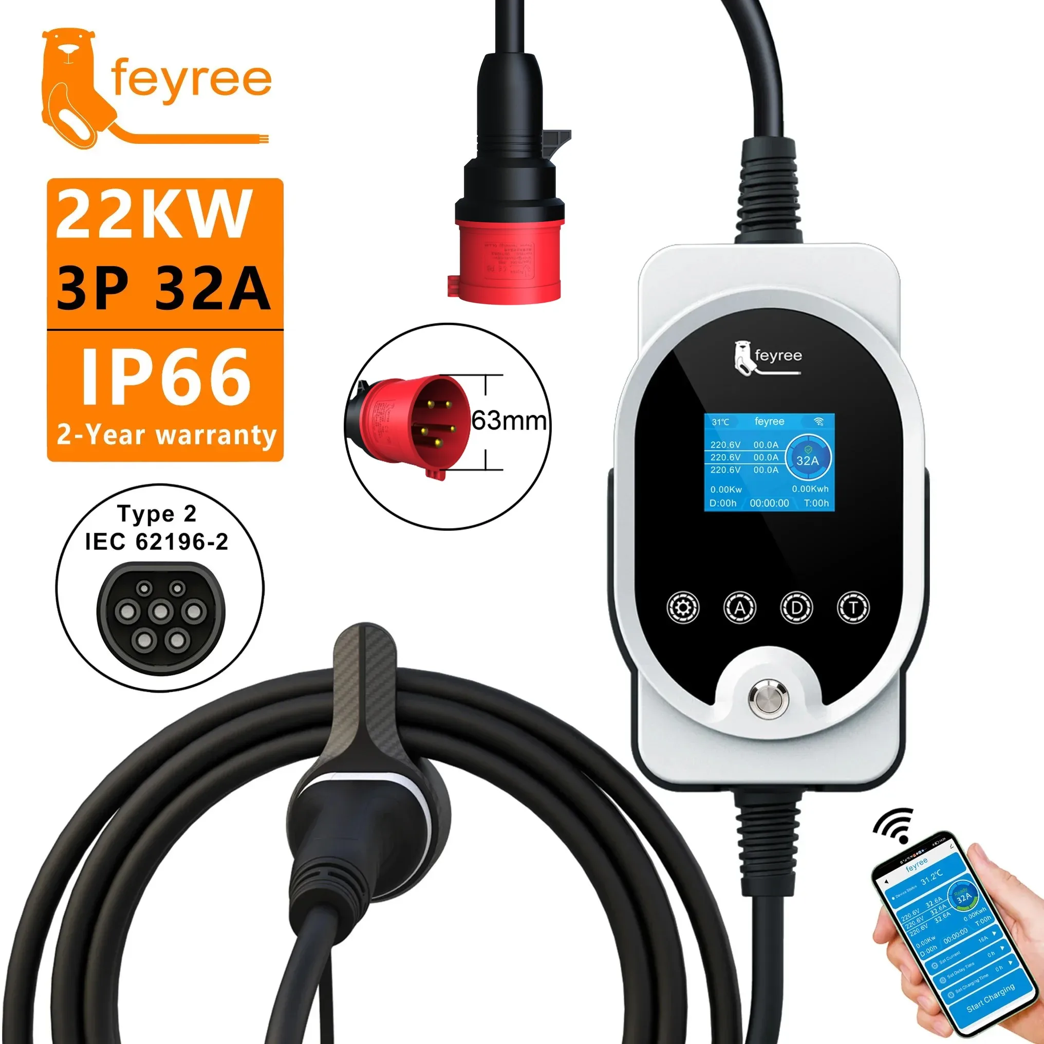 Feyree 22KW Type2 Cable EVSE W - Ev Charging Cable Type 2 32A recension och pris