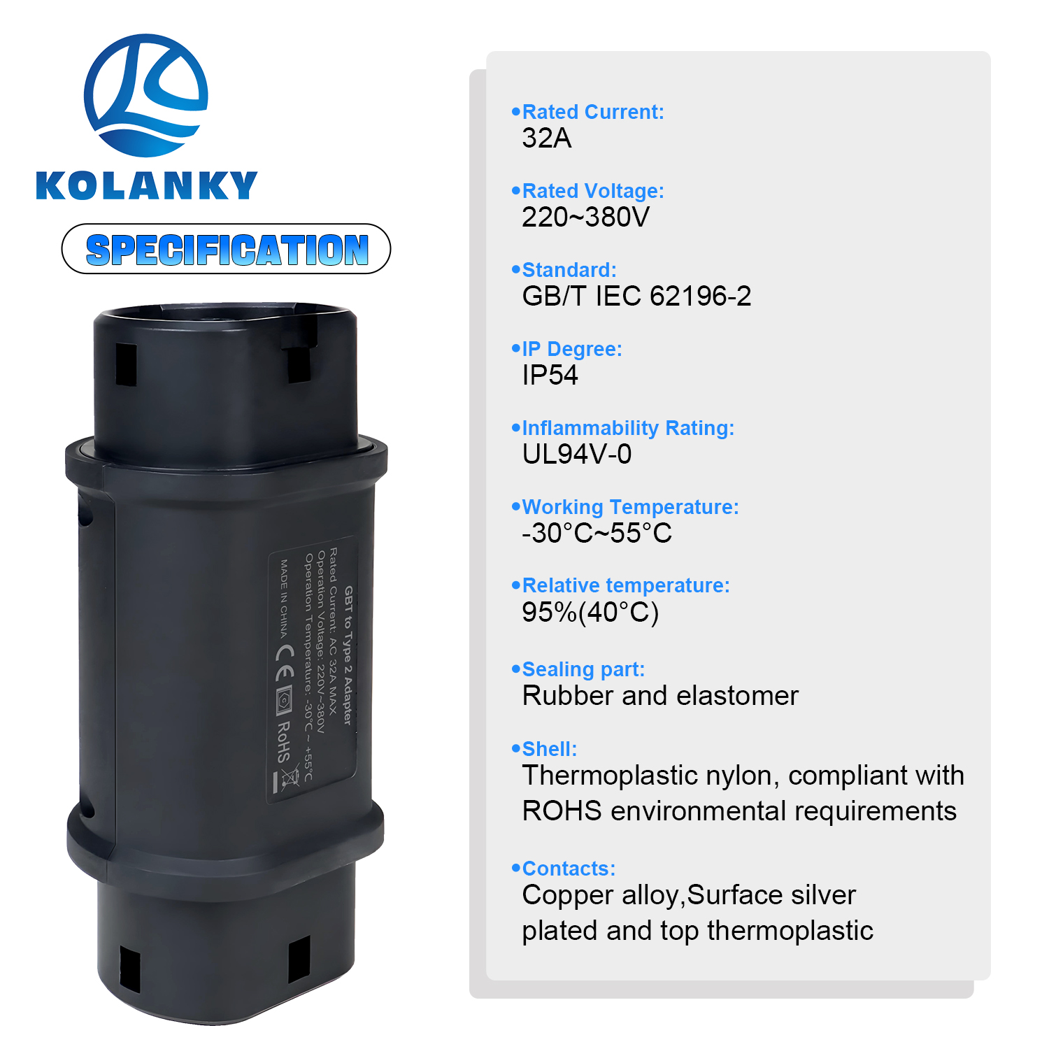Kolanky  EV Charger Adapter 32 - Ev Charging Cable Type 2 32A recension och pris