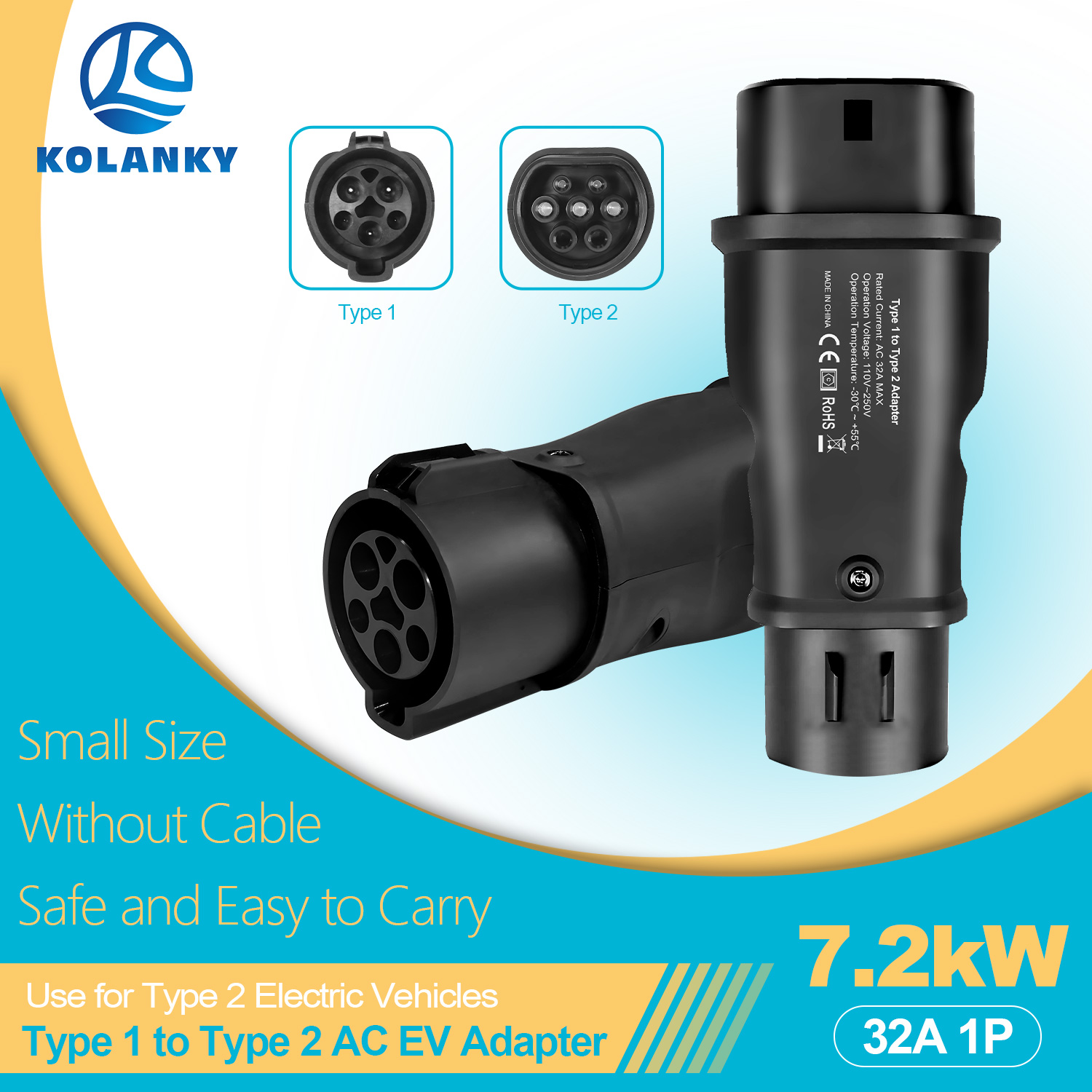 Kolanky 7.2KW 32A 1P Type1 to  - Ev Charging Cable Type 2 32A recension och pris