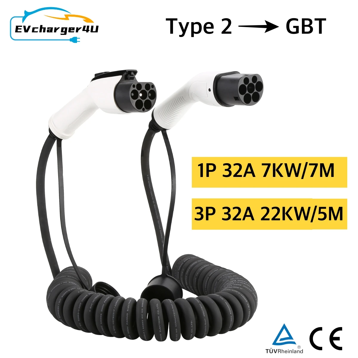 EVcharger4U 5M/7M Spiral EV Ch - Ev Charging Cable 5M 22Kw recension och pris